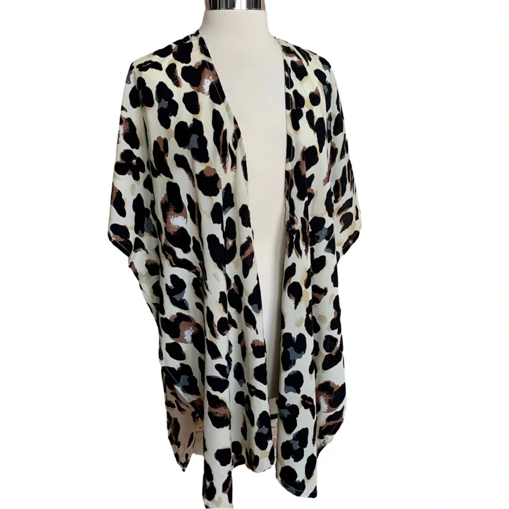LULLA Leopard Print Open Kimono Tan Black Swim Coverup Evereve